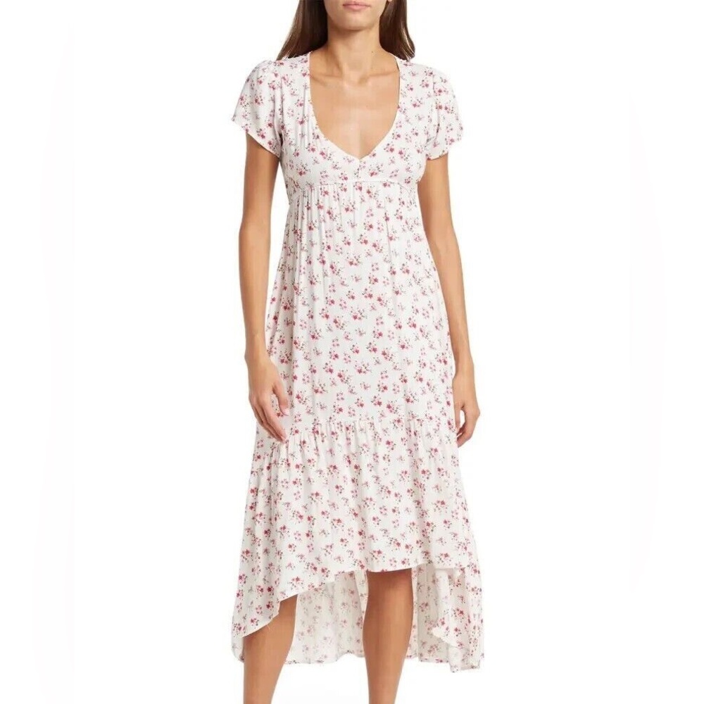 A04 NWOT Velvet Torch Small Floral Dress V Neck Short Sleeve Hi Low Pink White